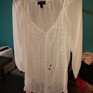 AB Studio White Sheer Embroidered Blouse